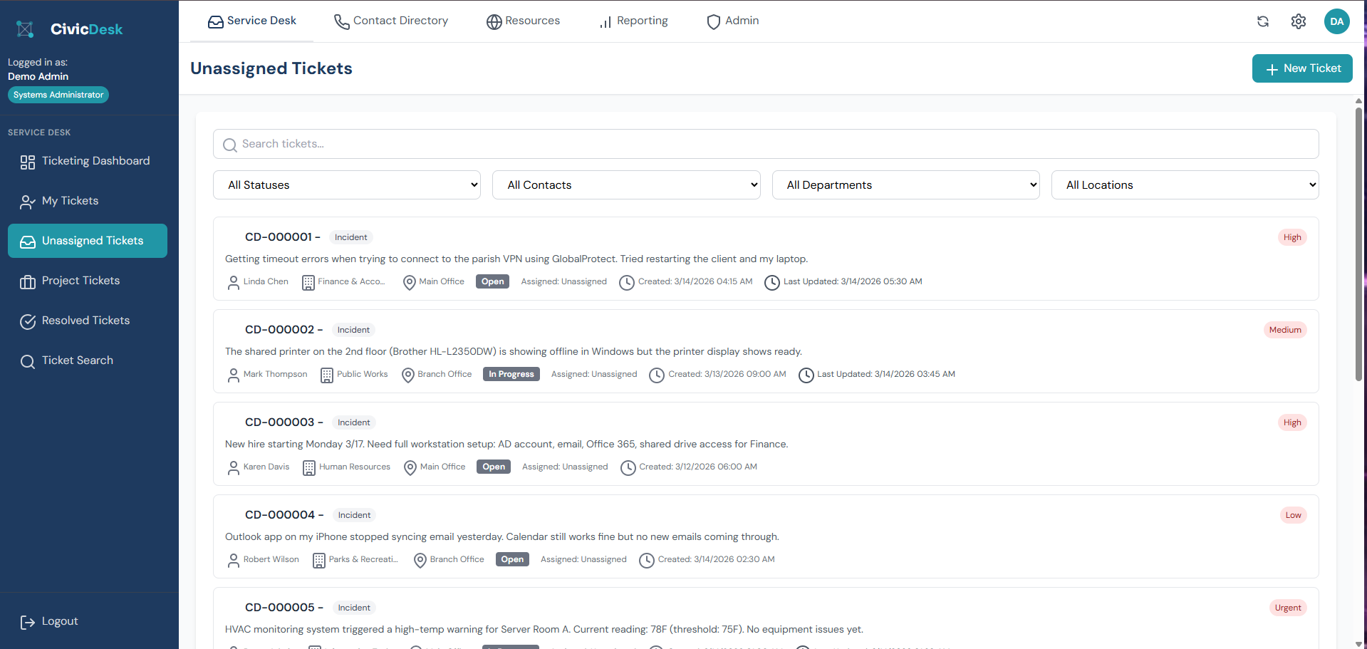 CivicDesk™ IT Ticketing Dashboard — track open tickets, assignments, and resolution stats
